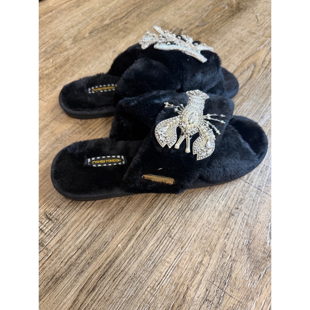Laines London Faux Fur Slippers Black Lobster Coral Brooch Embellished Size L